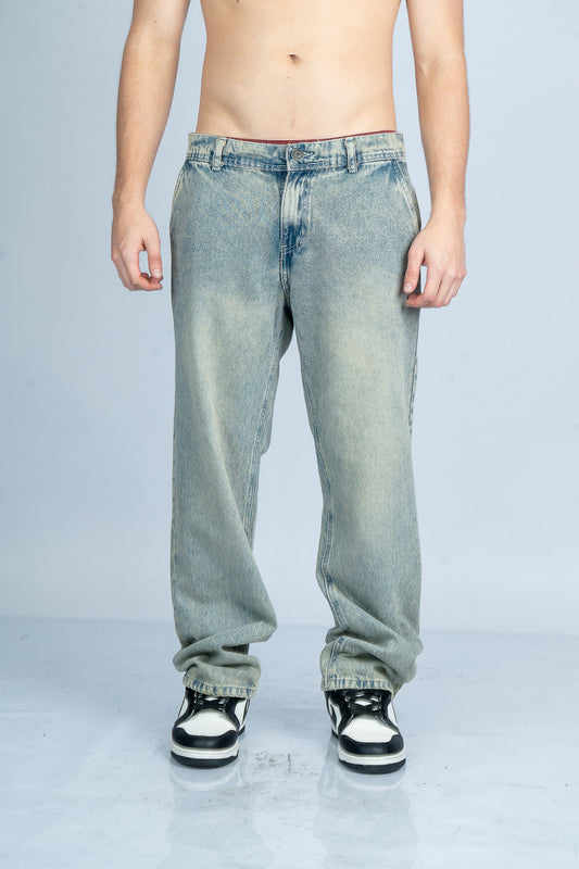 JEAN BAGGY WASHED GREY EMBROIDERY