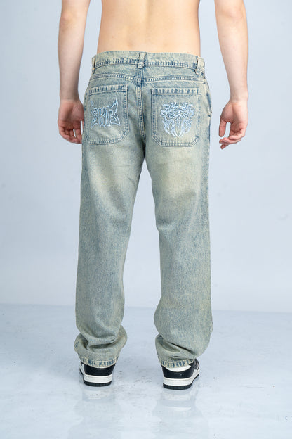 JEAN BAGGY WASHED GREY EMBROIDERY